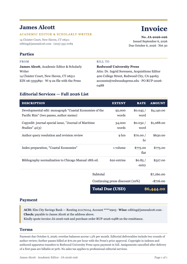 Collegiate navy freelance writer invoice